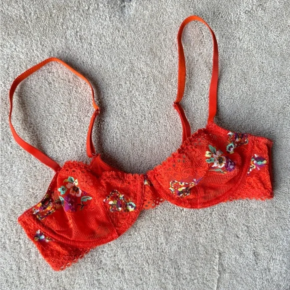 Savage X Fenty Dolled Up Lace Demi Bra Tagged 34A fits 34B/C Stretchy Orange - Picture 4 of 8